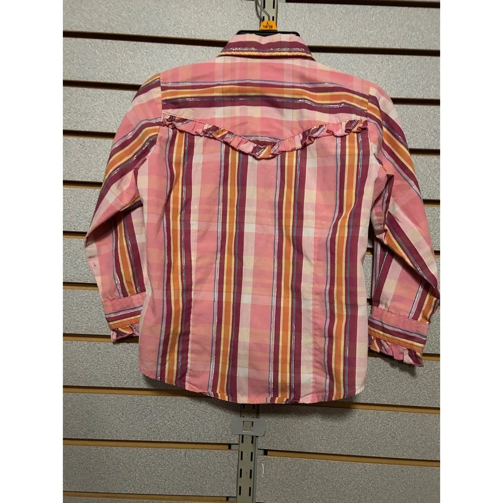 Wired Heart Girls Pink Plaid Western Snap‎ Shirt Ruffle Yoke Metallic Small